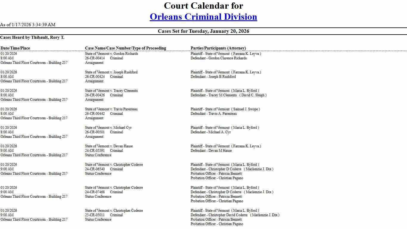 Orleans Criminal Division Calendar